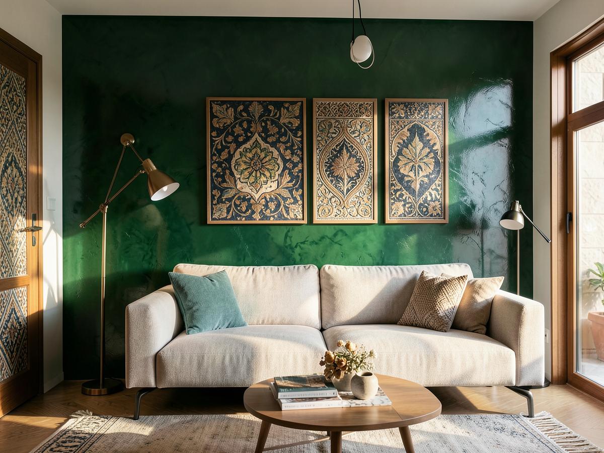 Mur d'accent vert profond avec décoration murale marocaine