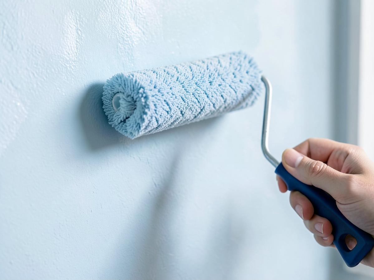 Application de peinture bleu ciel au rouleau sur un mur lisse