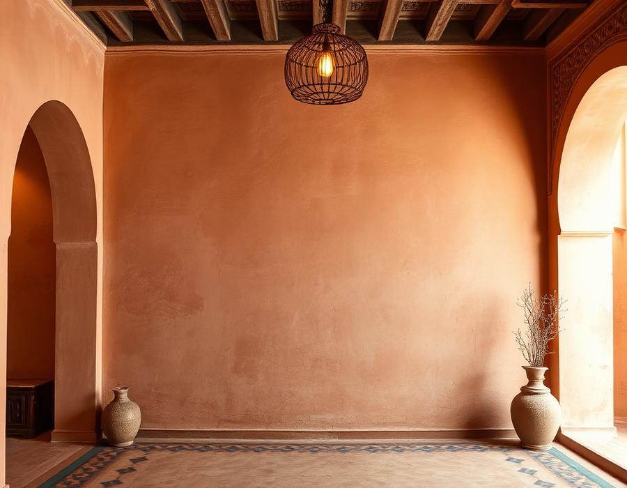 Mur en tadelakt ocre dans un riad marrakchi